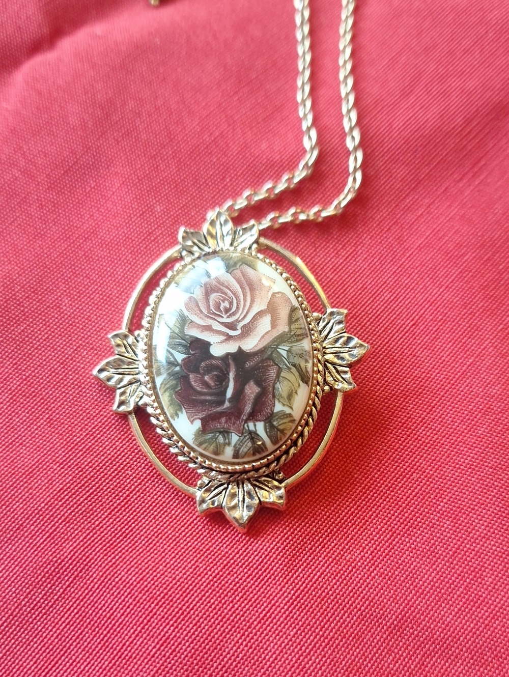 Vintage-Inspired Gold Rose Pendant Necklace in Pink and Brown 2" H - 1.5" W